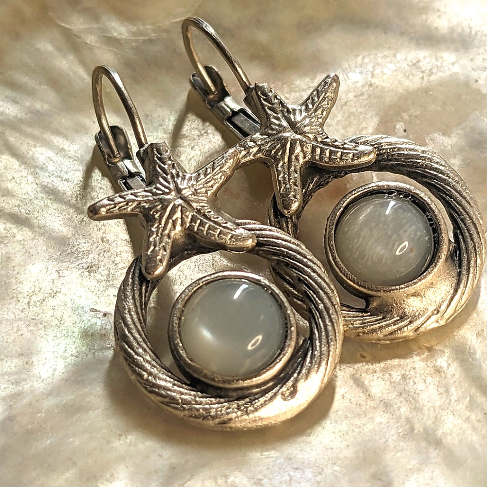 Natural Moonstone and Starfish Silver Plated Earrings